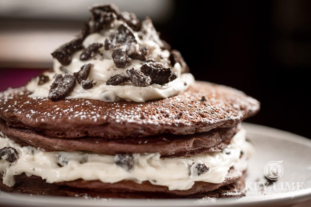 food photography of Cookies and Cream pancakes at Mr Lucky's at Hard Rock Hotel and Casino Las Vegas