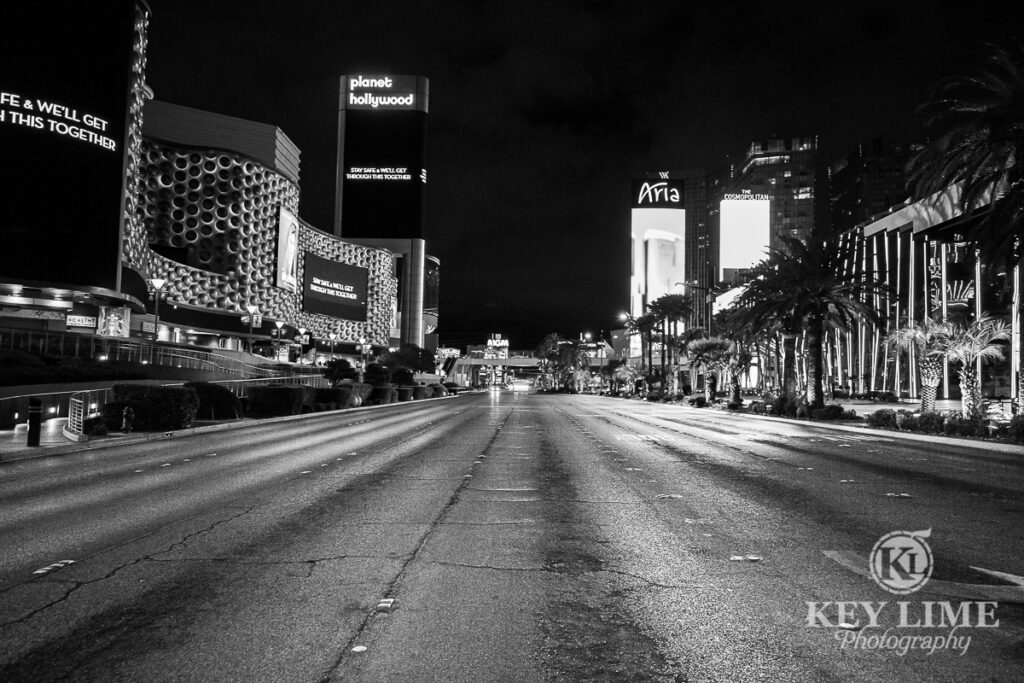 No traffic on Las Vegas Boulevard, black and white photo