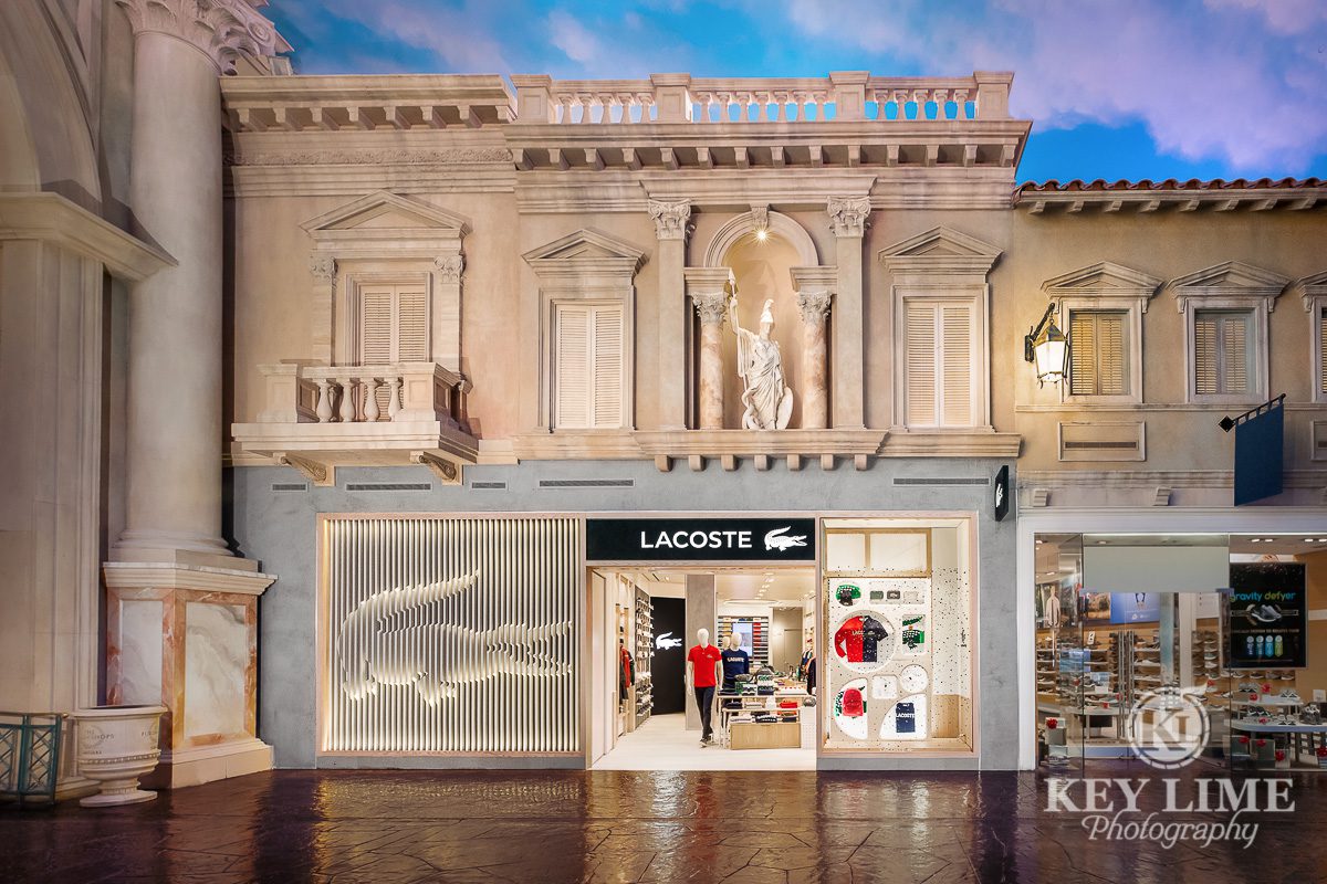 Retail space storefront. Architecture photographer captured the resort decor as well as the interior design of the store. 3D Alligator sculpted into the front.