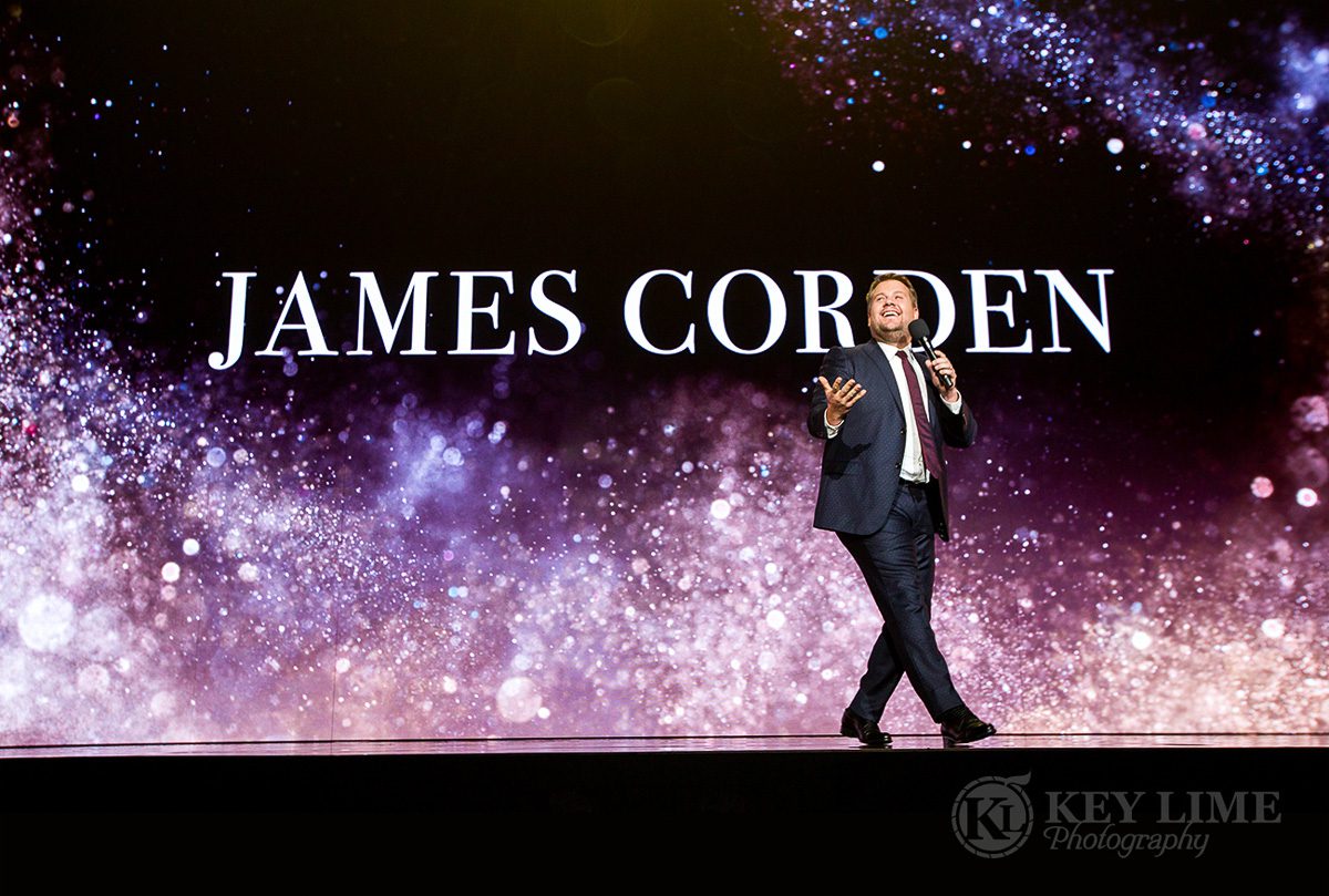 Iconic image of James Corden as a public speaker. Event photographer image by Key Lime Photography
