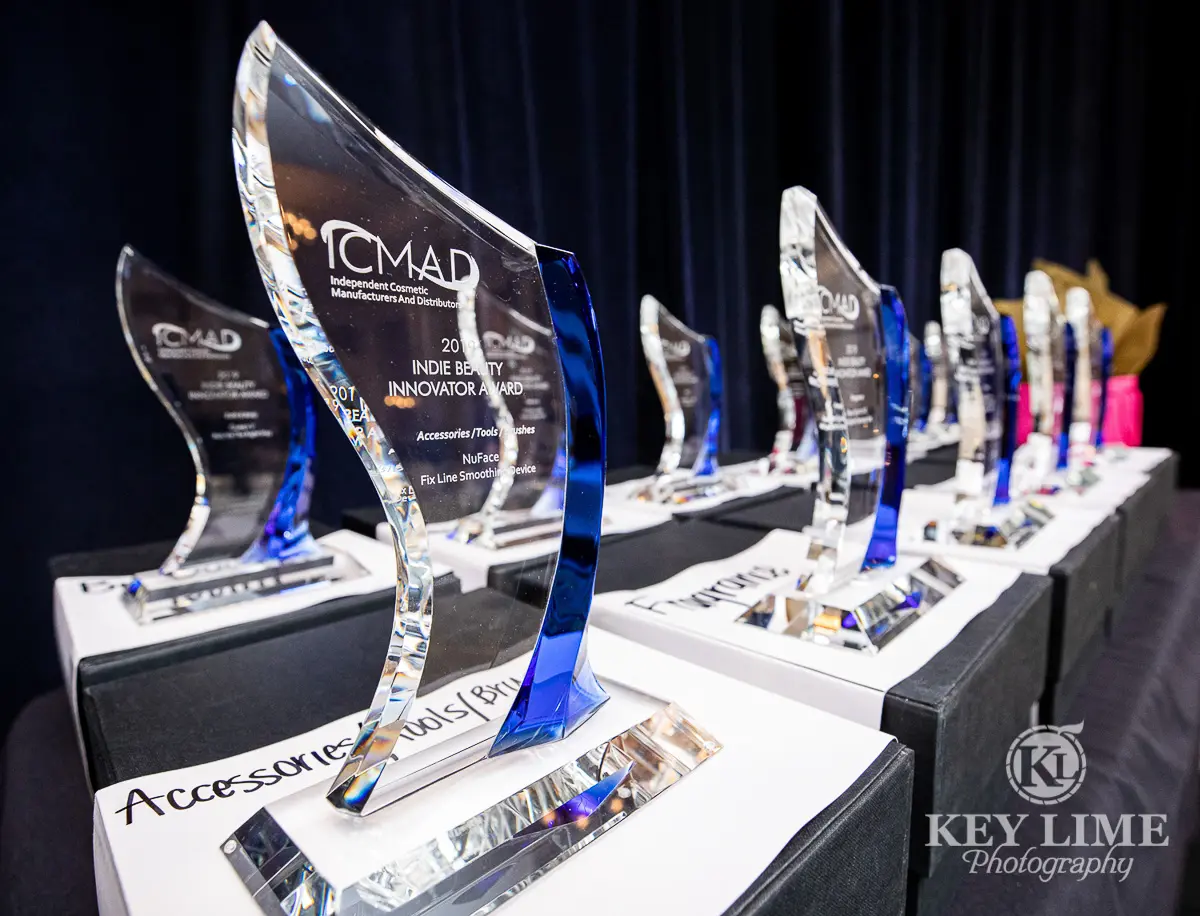 Award ceremony event trophys. Clear glass with blue accents