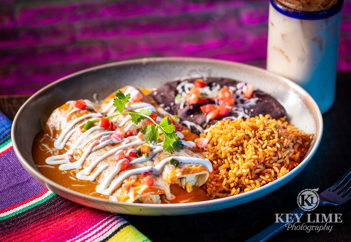 Perfect enchilada plate from Chayo Mexican Kitchen. Captured by a food photographer in Las Vegas, Key Lime Photography.