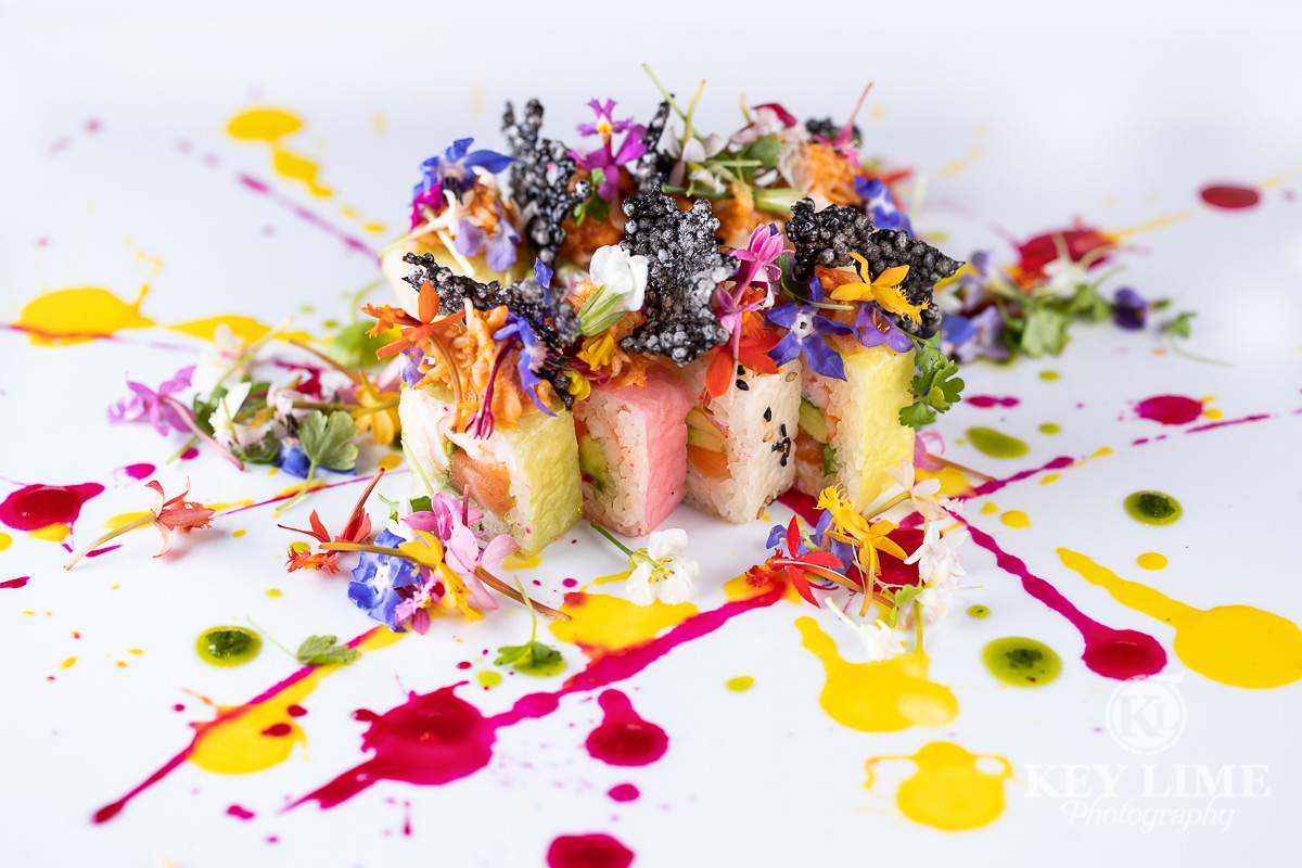 Artistic sushi plate. Prepared like a Jackson Pollock painting.