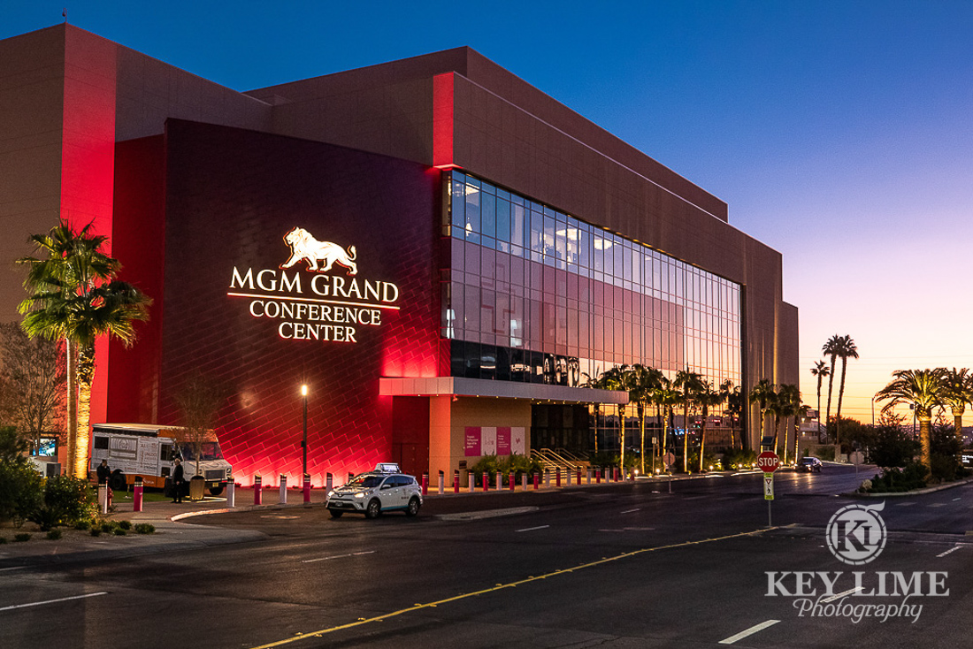 exterior photo of MGM Conference center at twilight. trade show photographer Key Lime Photography