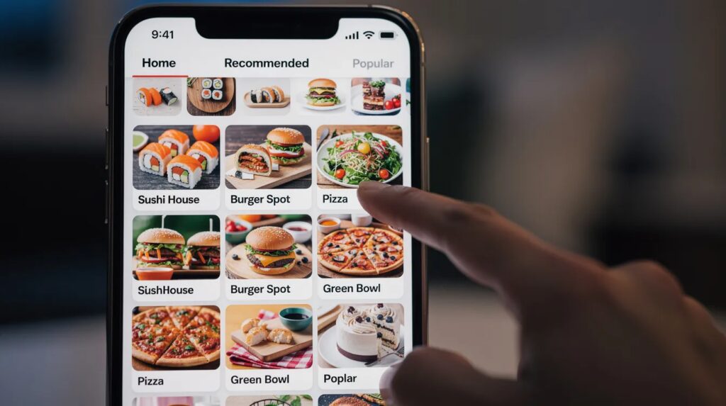 A close-up view of a smartphone screen shows a vibrant food delivery app, where a finger scrolls through a grid of colorful food thumbnails, showcasing various delicious dishes available from Las Vegas restaurants. The app highlights the tempting menu options that customers can easily explore and order.